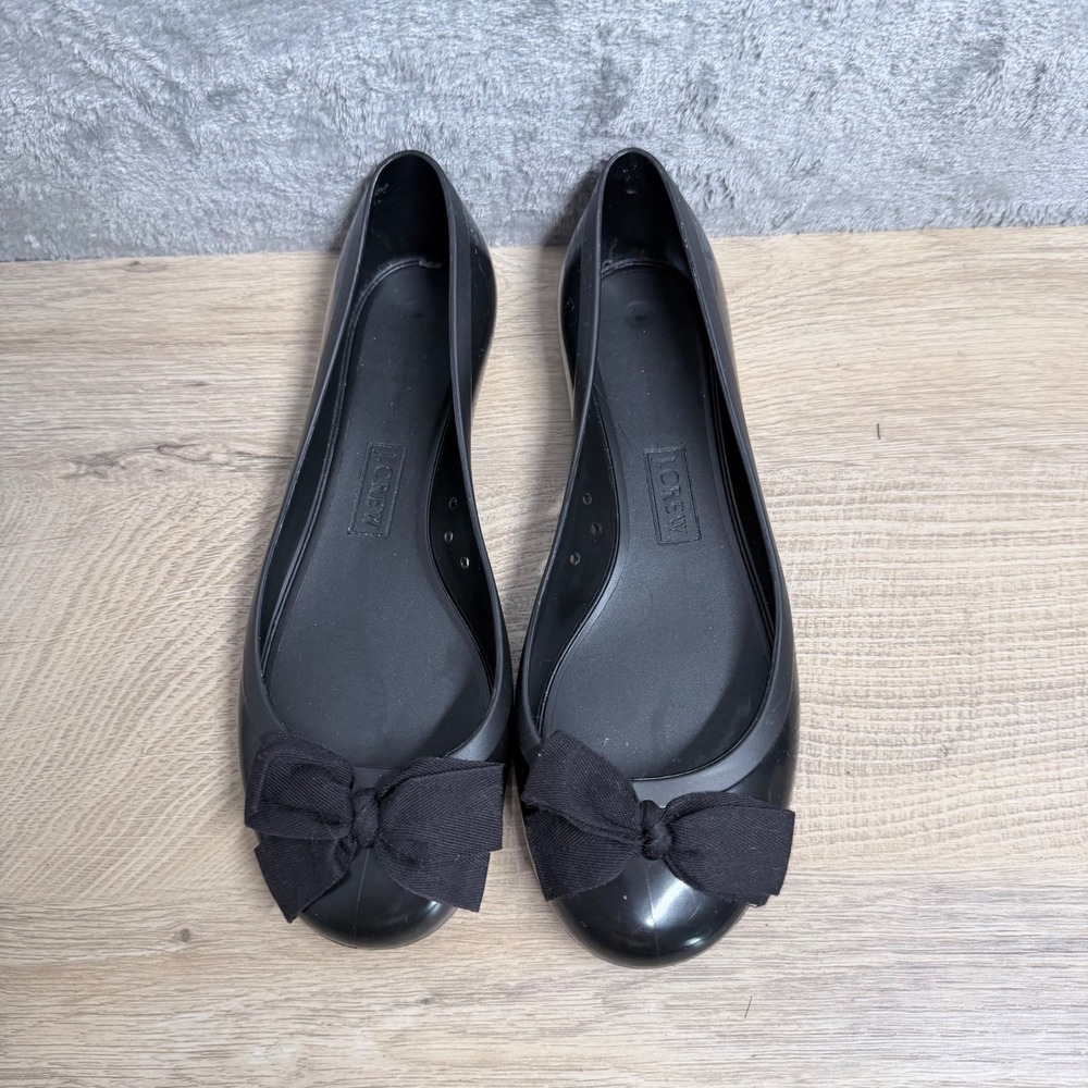 J.Crew Jelly Ballet Flats Womens 7 Black Matte Bow Detail Waterproof Rain Shoes